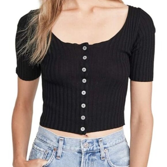 New Free People Little Cutie Ribbed Knit Short Sleeve Cardigan Black Medium - Picture 1 of 6